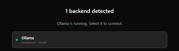 App screenshot: 1 backend detected, Ollama running on localhost